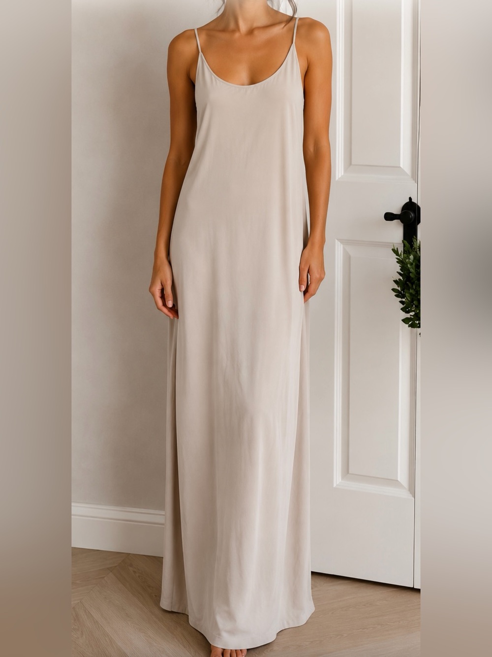 Neutral Beige Slip Dress - Minimal Spaghetti Straps